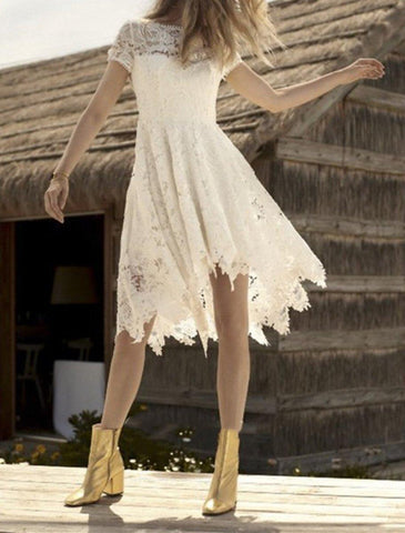 NumberSea - Bridal Shower Little White Dresses Boho Wedding Dresses A - Line Illusion Neck Cap Sleeve Knee Length Lace Bridal Gowns With Appliques Solid Color