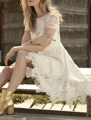 NumberSea - Bridal Shower Little White Dresses Boho Wedding Dresses A - Line Illusion Neck Cap Sleeve Knee Length Lace Bridal Gowns With Appliques Solid Color