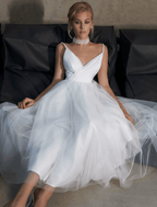 NumberSea - Bridal Shower Little White Dresses Casual Wedding Dresses Ankle Length A - Line Sleeveless Spaghetti Strap Tulle With Solid Color