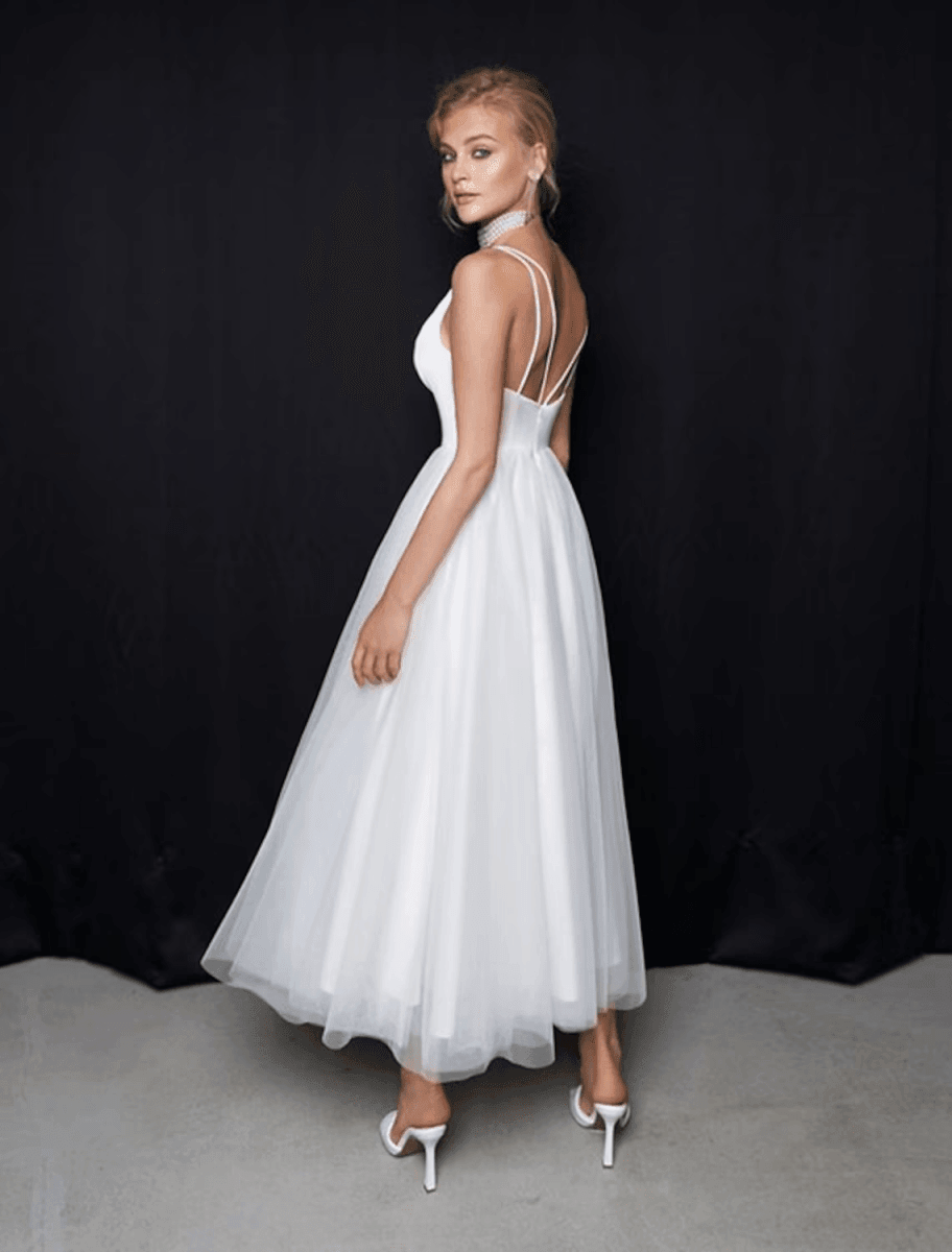 NumberSea - Bridal Shower Little White Dresses Casual Wedding Dresses Ankle Length A - Line Sleeveless Spaghetti Strap Tulle With Solid Color