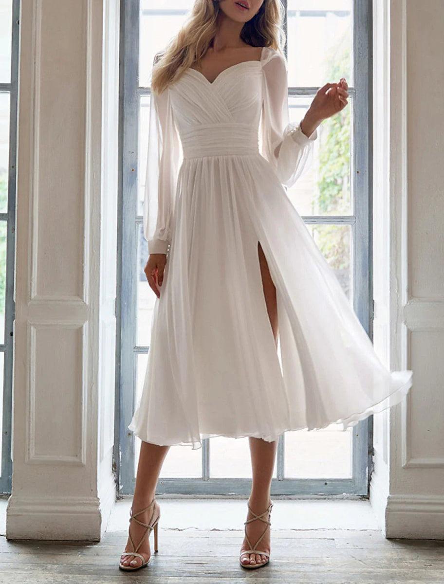 NumberSea - Bridal Shower Little White Dresses Fall Wedding Dresses A - Line Sweetheart Long Sleeve Tea Length Chiffon Bridal Gowns With Ruched Split Front