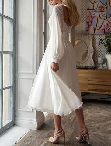NumberSea - Bridal Shower Little White Dresses Fall Wedding Dresses A - Line Sweetheart Long Sleeve Tea Length Chiffon Bridal Gowns With Ruched Split Front