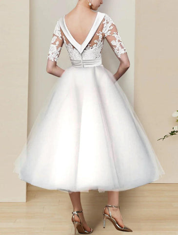 NumberSea - Bridal Shower Little White Dresses Mature Fall Wedding Dresses A - Line Illusion Neck Half Sleeve Tea Length Satin Bridal Gowns With Appliques Solid Color