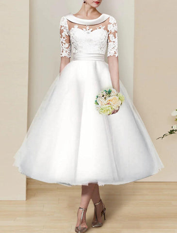 NumberSea - Bridal Shower Little White Dresses Mature Fall Wedding Dresses A - Line Illusion Neck Half Sleeve Tea Length Satin Bridal Gowns With Appliques Solid Color