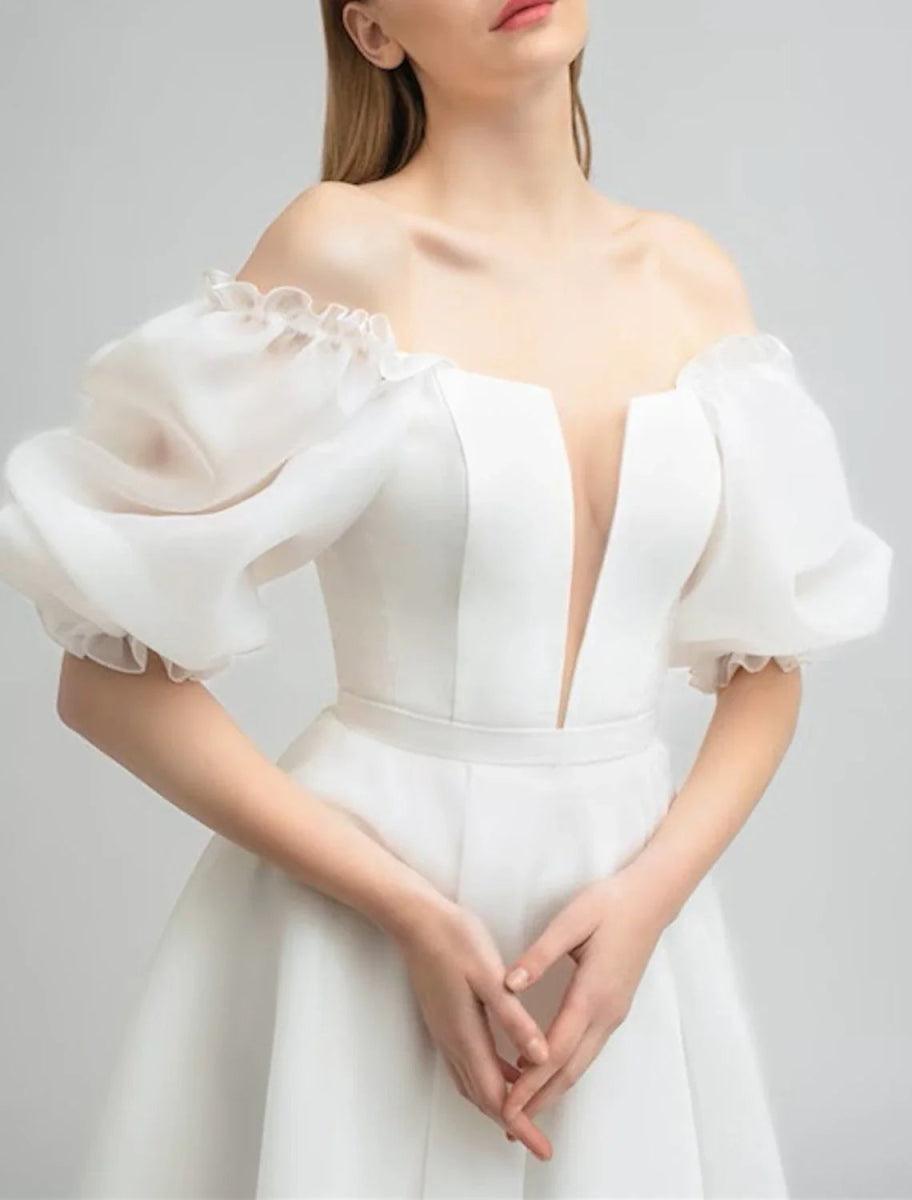 NumberSea - Bridal Shower Little White Dresses Wedding Dresses A - Line Off Shoulder Half Sleeve Tea Length Satin Bridal Gowns With Solid Color