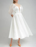 NumberSea - Bridal Shower Little White Dresses Wedding Dresses A - Line Off Shoulder Half Sleeve Tea Length Satin Bridal Gowns With Solid Color