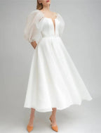 NumberSea - Bridal Shower Little White Dresses Wedding Dresses A - Line Off Shoulder Half Sleeve Tea Length Satin Bridal Gowns With Solid Color