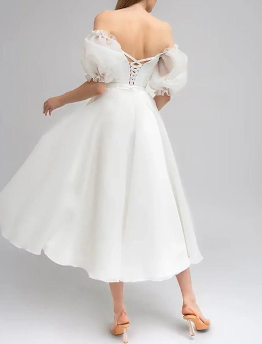NumberSea - Bridal Shower Little White Dresses Wedding Dresses A - Line Off Shoulder Half Sleeve Tea Length Satin Bridal Gowns With Solid Color