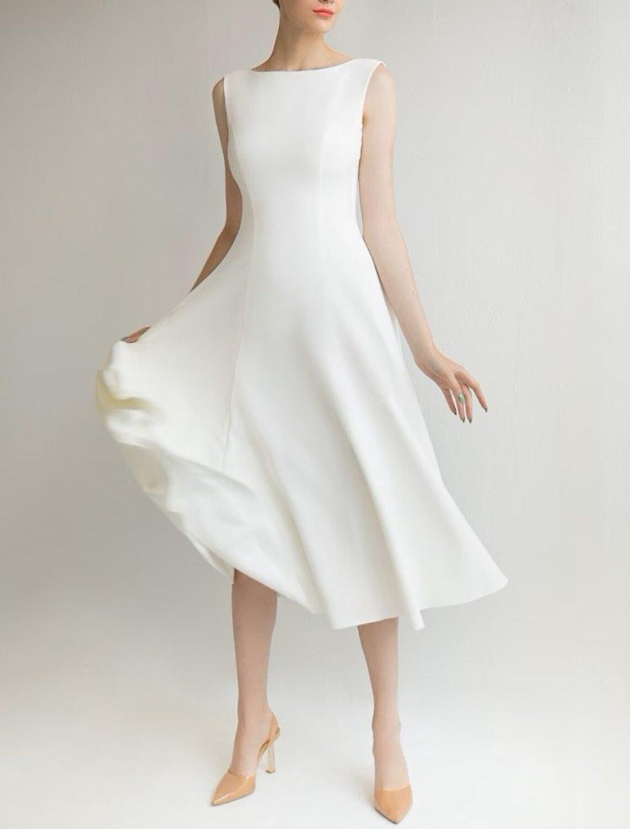 NumberSea - Bridal Shower Little White Dresses Wedding Dresses A - Line Scoop Neck Sleeveless Tea Length Satin Bridal Gowns With Solid Color