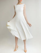 NumberSea - Bridal Shower Little White Dresses Wedding Dresses A - Line Scoop Neck Sleeveless Tea Length Satin Bridal Gowns With Solid Color