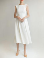 NumberSea - Bridal Shower Little White Dresses Wedding Dresses A - Line Scoop Neck Sleeveless Tea Length Satin Bridal Gowns With Solid Color