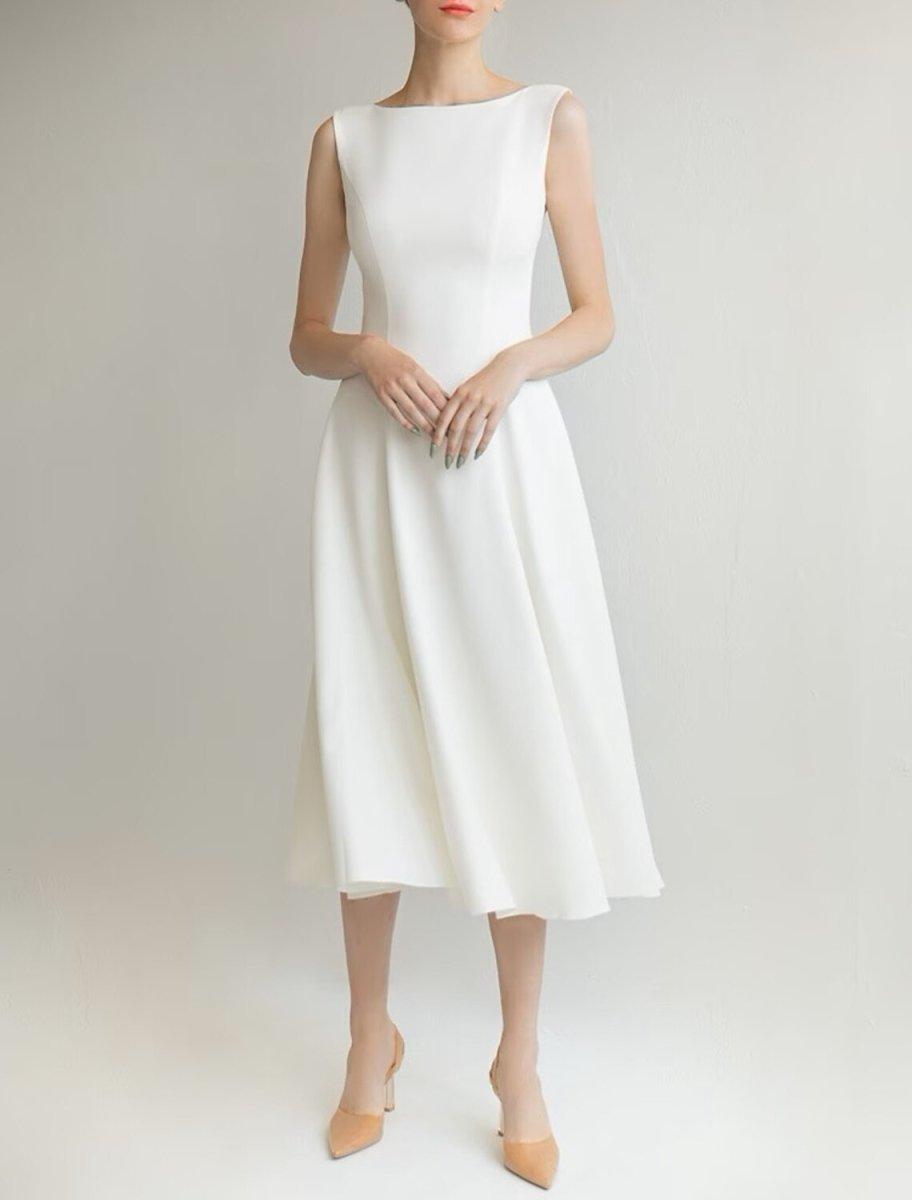 NumberSea - Bridal Shower Little White Dresses Wedding Dresses A - Line Scoop Neck Sleeveless Tea Length Satin Bridal Gowns With Solid Color