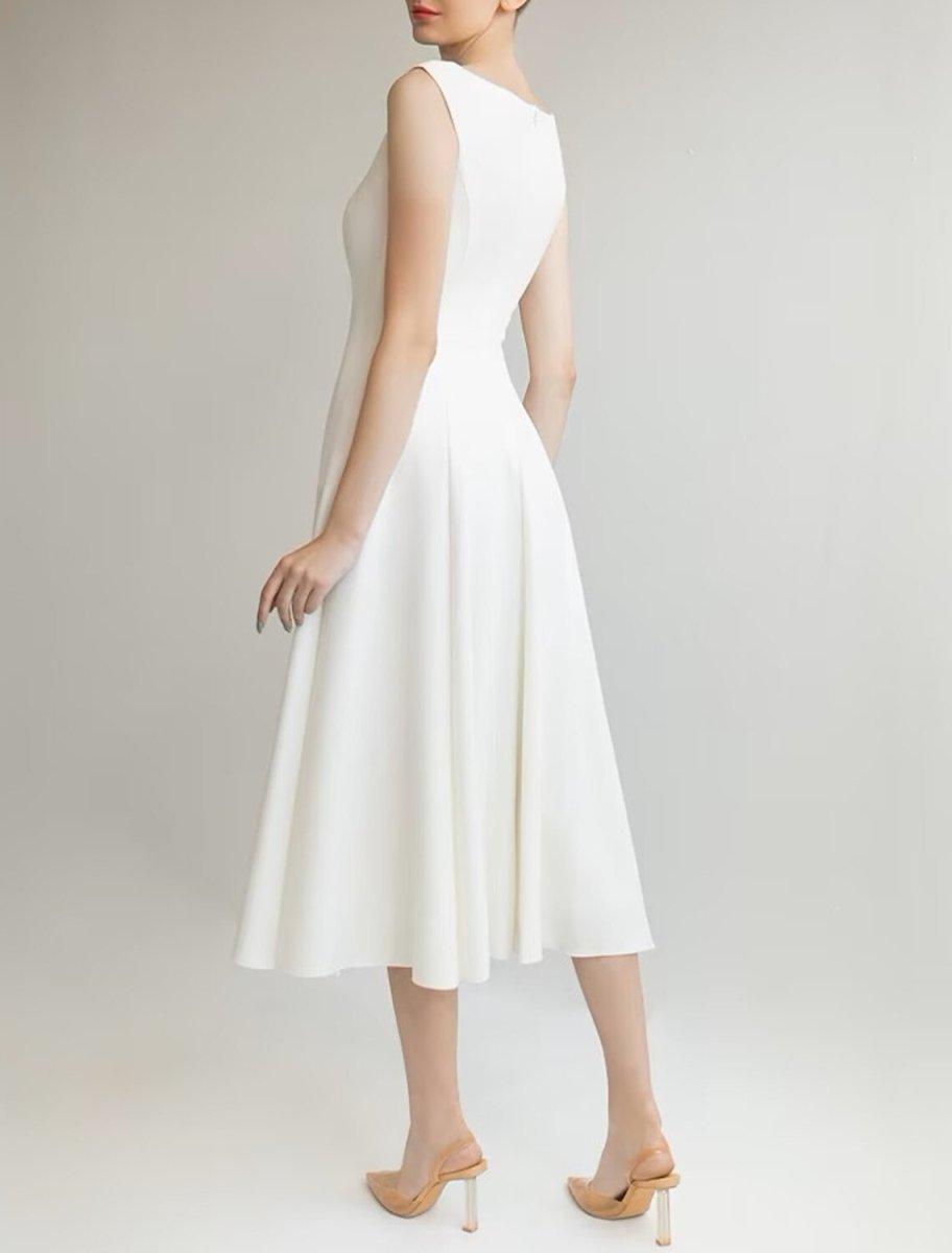 NumberSea - Bridal Shower Little White Dresses Wedding Dresses A - Line Scoop Neck Sleeveless Tea Length Satin Bridal Gowns With Solid Color