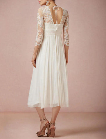 NumberSea - Bridal Shower Little White Dresses Wedding Dresses A - Line V Neck 3/4 Length Sleeve Tea Length Chiffon Bridal Gowns With Appliques Solid Color