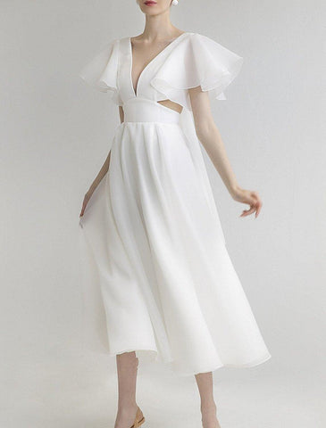 NumberSea - Bridal Shower Little White Dresses Wedding Dresses A - Line V Neck Short Sleeve Tea Length Organza Bridal Gowns With Solid Color