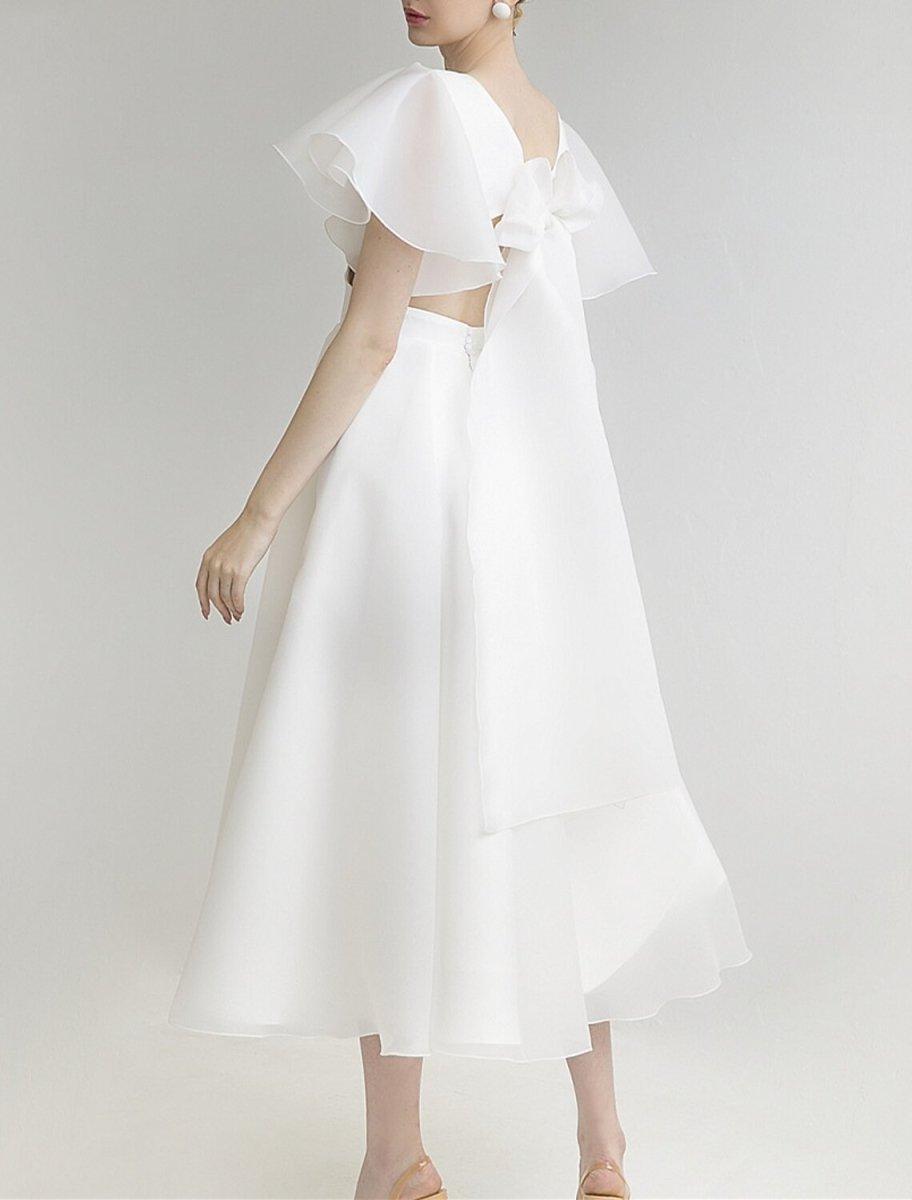 NumberSea - Bridal Shower Little White Dresses Wedding Dresses A - Line V Neck Short Sleeve Tea Length Organza Bridal Gowns With Solid Color