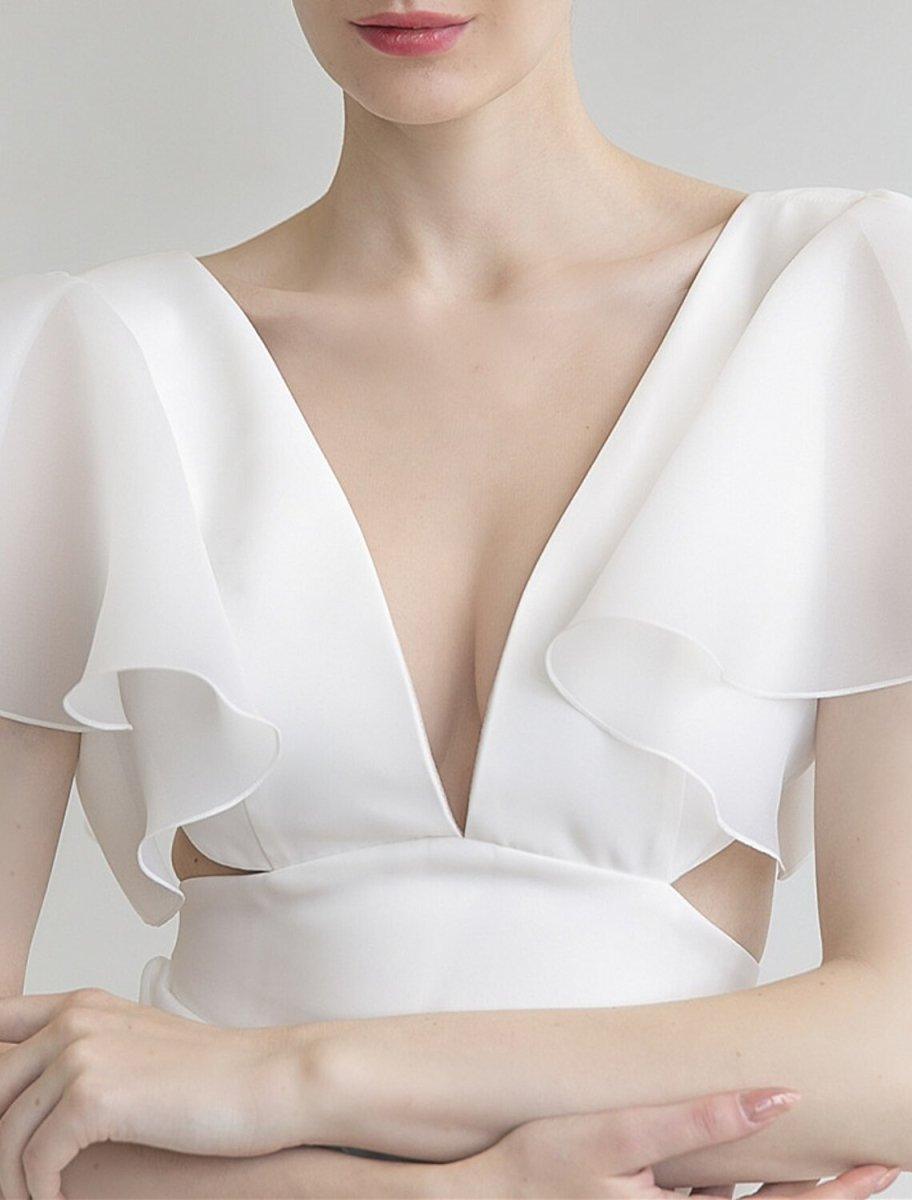 NumberSea - Bridal Shower Little White Dresses Wedding Dresses A - Line V Neck Short Sleeve Tea Length Organza Bridal Gowns With Solid Color