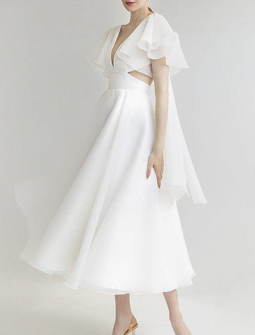 NumberSea - Bridal Shower Little White Dresses Wedding Dresses A - Line V Neck Short Sleeve Tea Length Organza Bridal Gowns With Solid Color