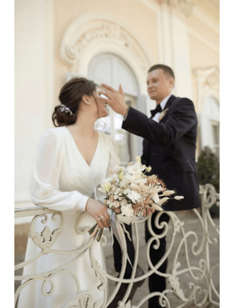 NumberSea - Bridal Shower Little White Dresses Wedding Dresses Ankle Length A - Line Long Sleeve V Neck Chiffon With Solid Color