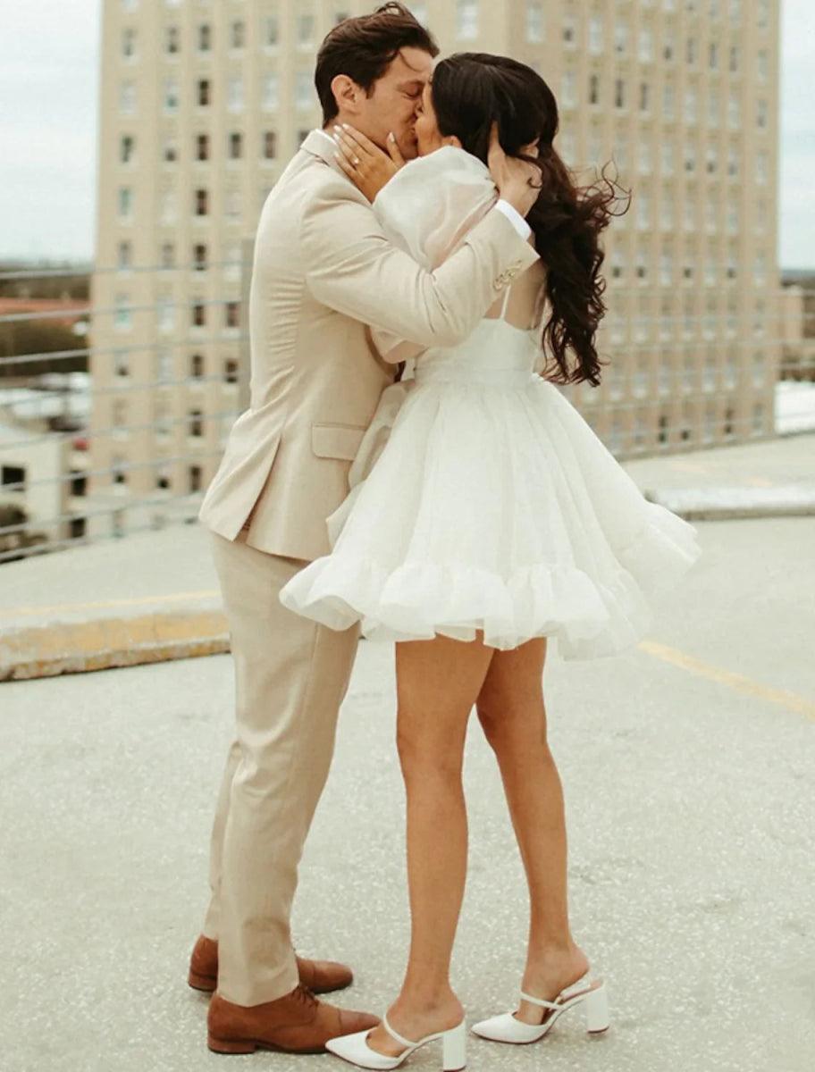 NumberSea - Bridal Shower Little White Dresses Wedding Dresses Short / Mini A - Line Long Sleeve High Neck Organza With Pick Up Skirt