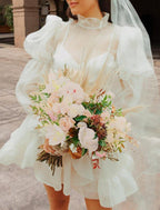 NumberSea - Bridal Shower Little White Dresses Wedding Dresses Short / Mini A - Line Long Sleeve High Neck Organza With Pick Up Skirt