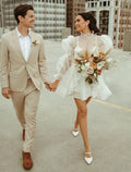 NumberSea - Bridal Shower Little White Dresses Wedding Dresses Short / Mini A - Line Long Sleeve High Neck Organza With Pick Up Skirt