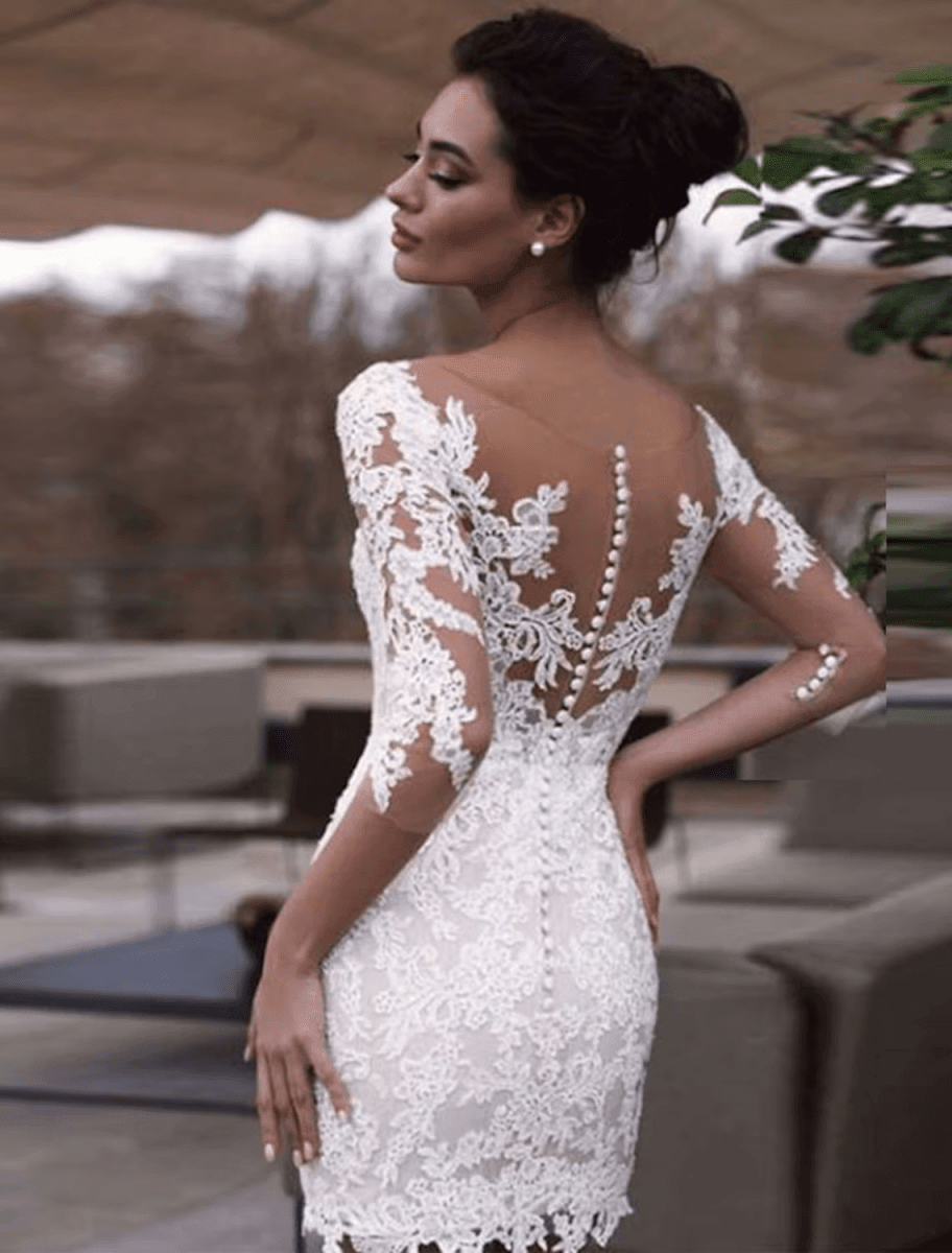 NumberSea - Bridal Shower Little White Dresses Wedding Dresses Short / Mini Sheath / Column Half Sleeve Jewel Neck Lace With Appliques