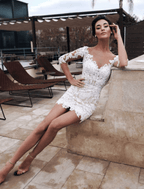 NumberSea - Bridal Shower Little White Dresses Wedding Dresses Short / Mini Sheath / Column Half Sleeve Jewel Neck Lace With Appliques