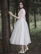 NumberSea - Bridal Shower Little White Dresses Wedding Dresses Tea Length A - Line Sleeveless Jewel Neck Satin With Solid Color