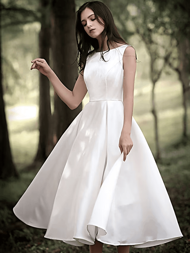 NumberSea - Bridal Shower Little White Dresses Wedding Dresses Tea Length A - Line Sleeveless Jewel Neck Satin With Solid Color