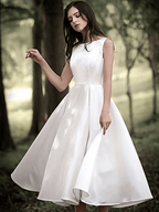 NumberSea - Bridal Shower Little White Dresses Wedding Dresses Tea Length A - Line Sleeveless Jewel Neck Satin With Solid Color