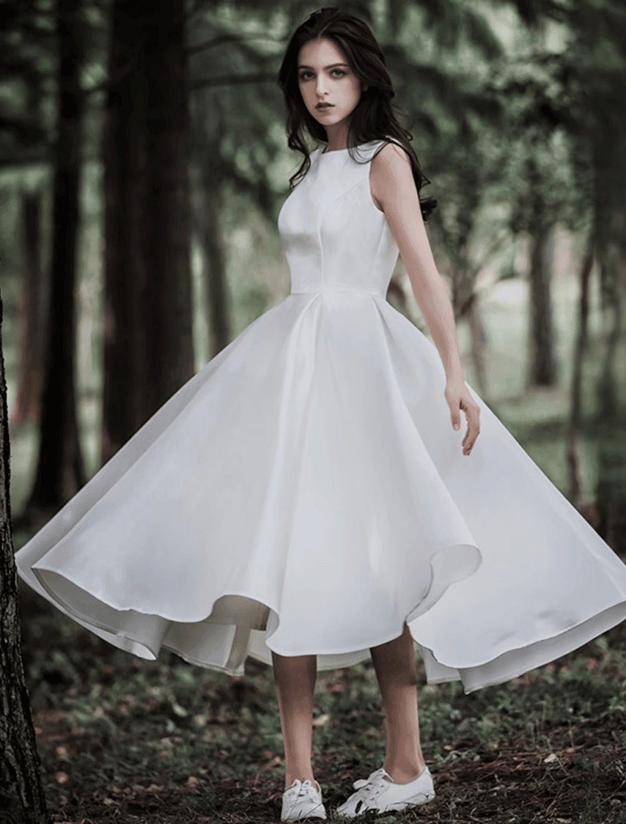 NumberSea - Bridal Shower Little White Dresses Wedding Dresses Tea Length A - Line Sleeveless Jewel Neck Satin With Solid Color
