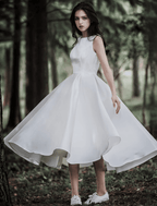 NumberSea - Bridal Shower Little White Dresses Wedding Dresses Tea Length A - Line Sleeveless Jewel Neck Satin With Solid Color