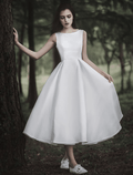 NumberSea - Bridal Shower Little White Dresses Wedding Dresses Tea Length A - Line Sleeveless Jewel Neck Satin With Solid Color