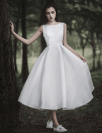 NumberSea - Bridal Shower Little White Dresses Wedding Dresses Tea Length A - Line Sleeveless Jewel Neck Satin With Solid Color