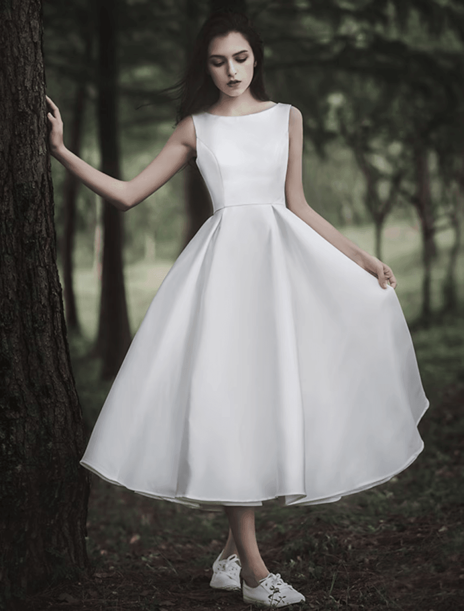 NumberSea - Bridal Shower Little White Dresses Wedding Dresses Tea Length A - Line Sleeveless Jewel Neck Satin With Solid Color