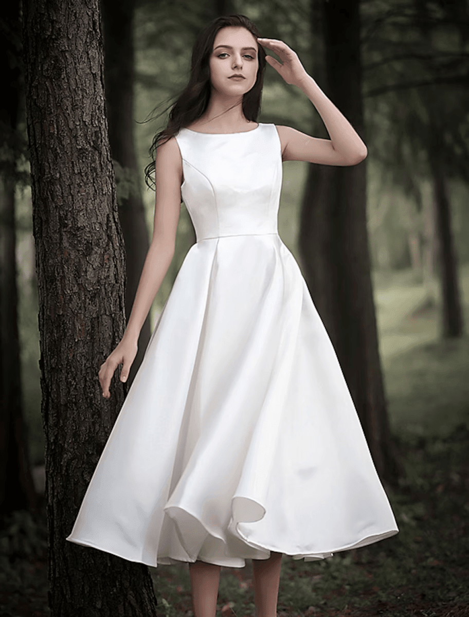 NumberSea - Bridal Shower Little White Dresses Wedding Dresses Tea Length A - Line Sleeveless Jewel Neck Satin With Solid Color
