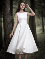 NumberSea - Bridal Shower Little White Dresses Wedding Dresses Tea Length A - Line Sleeveless Jewel Neck Satin With Solid Color