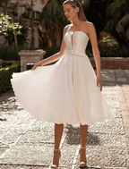 NumberSea - Bridal Shower Little White Dresses Wedding Dresses Tea Length A - Line Sleeveless Strapless Satin With Sash / Ribbon Solid Color