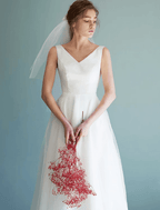 NumberSea - Bridal Shower Little White Dresses Wedding Dresses Tea Length A - Line Sleeveless V Neck Satin With Solid Color