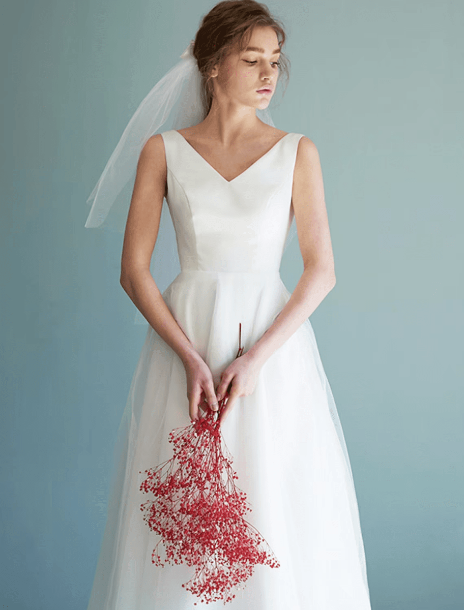 NumberSea - Bridal Shower Little White Dresses Wedding Dresses Tea Length A - Line Sleeveless V Neck Satin With Solid Color