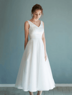 NumberSea - Bridal Shower Little White Dresses Wedding Dresses Tea Length A - Line Sleeveless V Neck Satin With Solid Color