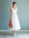 NumberSea - Bridal Shower Little White Dresses Wedding Dresses Tea Length A - Line Sleeveless V Neck Satin With Solid Color