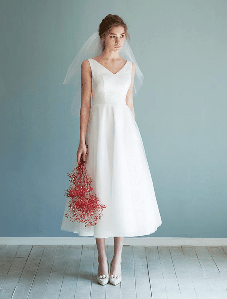 NumberSea - Bridal Shower Little White Dresses Wedding Dresses Tea Length A - Line Sleeveless V Neck Satin With Solid Color