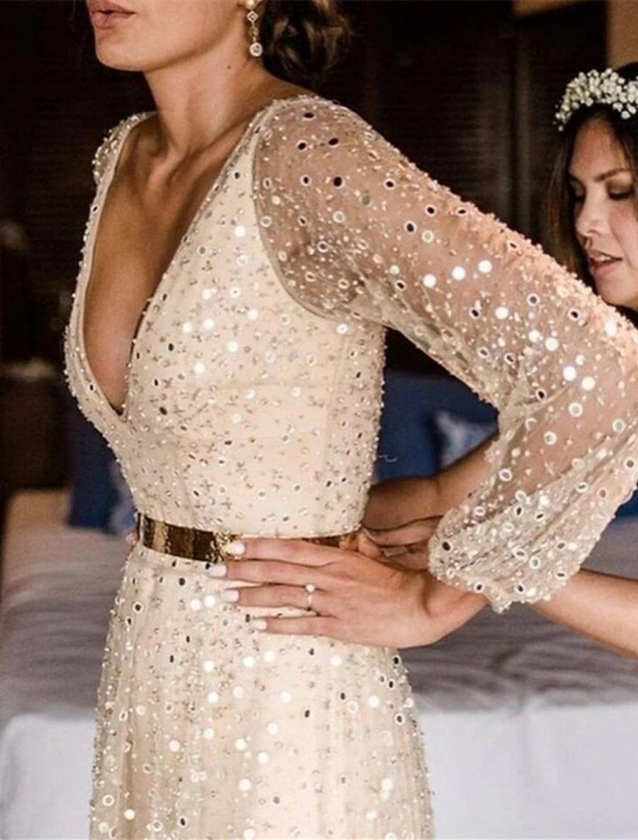 NumberSea - Bridal Shower Open Back Glitter & Sparkle Wedding Dresses A - Line V Neck Long Sleeve Floor Length Sequined Bridal Gowns With Sash / Ribbon
