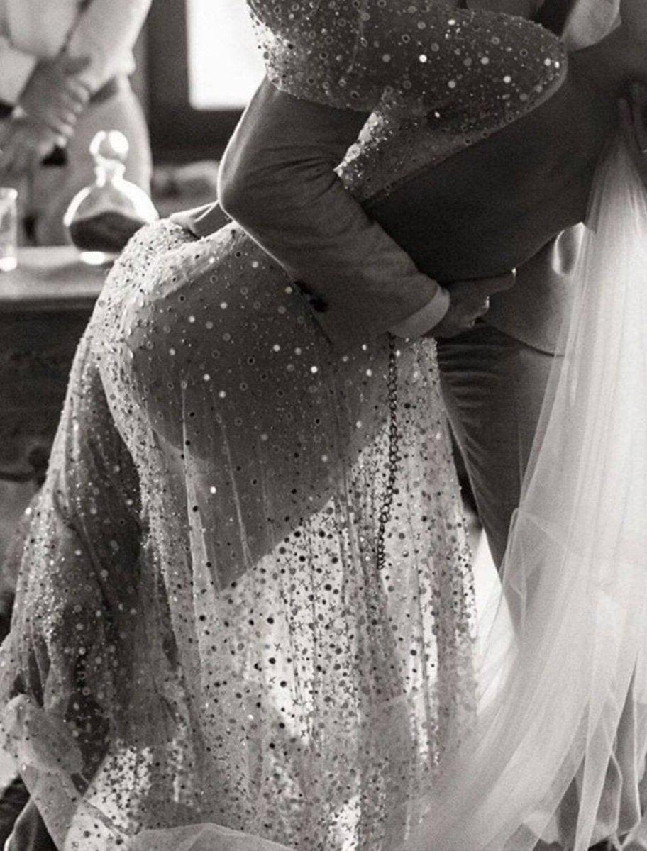 NumberSea - Bridal Shower Open Back Glitter & Sparkle Wedding Dresses A - Line V Neck Long Sleeve Floor Length Sequined Bridal Gowns With Sash / Ribbon