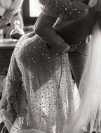 NumberSea - Bridal Shower Open Back Glitter & Sparkle Wedding Dresses A - Line V Neck Long Sleeve Floor Length Sequined Bridal Gowns With Sash / Ribbon