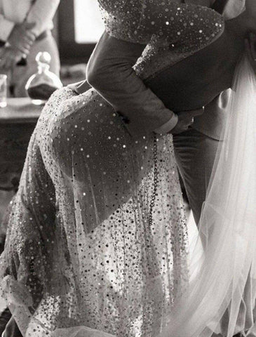 NumberSea - Bridal Shower Open Back Glitter & Sparkle Wedding Dresses A - Line V Neck Long Sleeve Floor Length Sequined Bridal Gowns With Sash / Ribbon