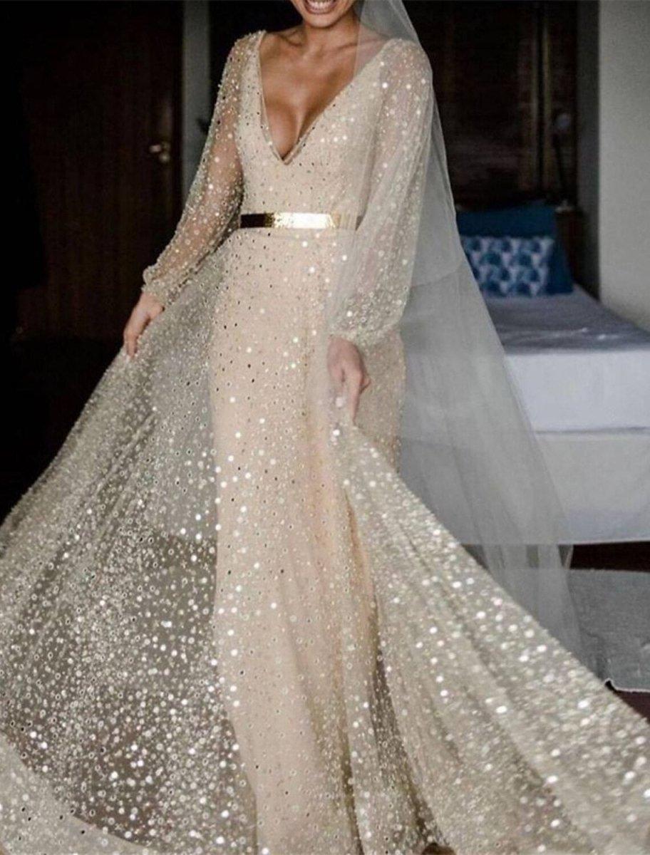 NumberSea - Bridal Shower Open Back Glitter & Sparkle Wedding Dresses A - Line V Neck Long Sleeve Floor Length Sequined Bridal Gowns With Sash / Ribbon