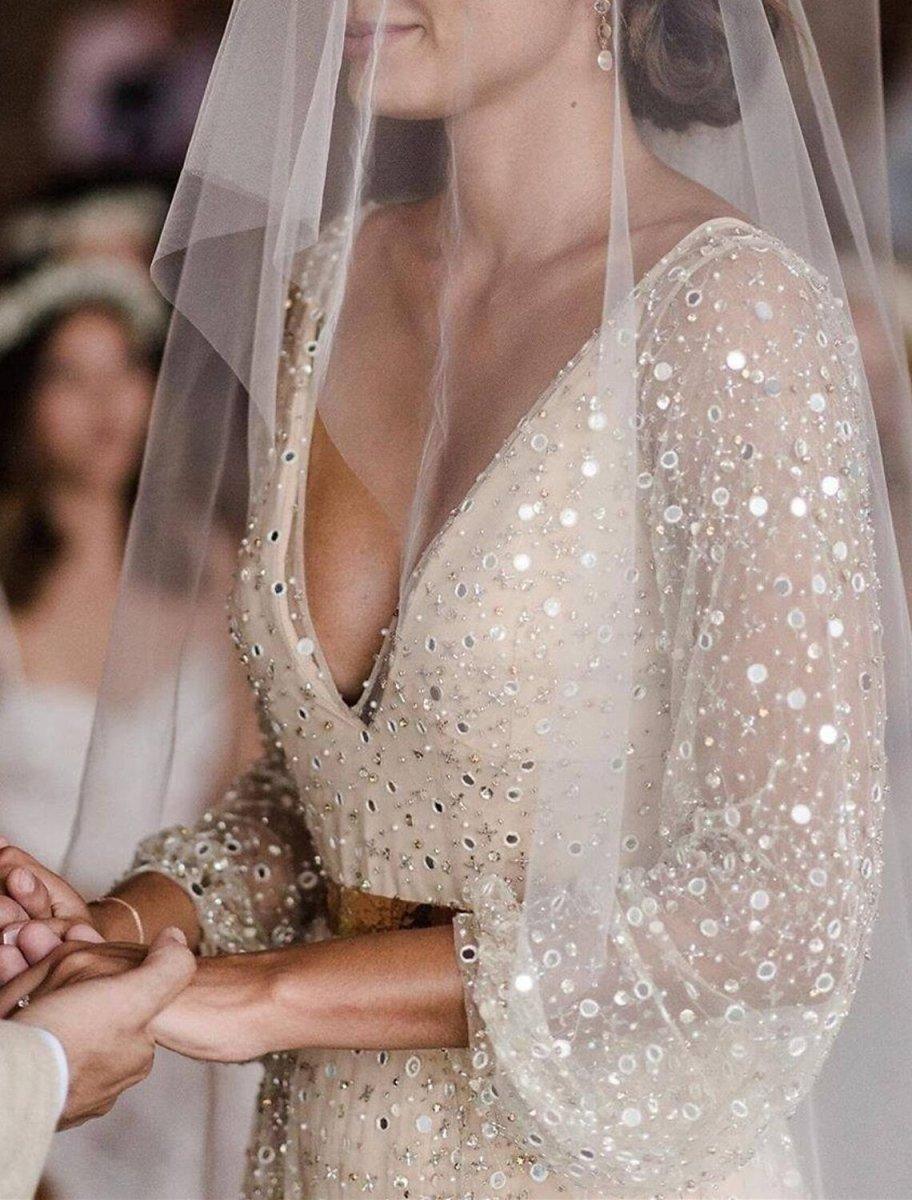 NumberSea - Bridal Shower Open Back Glitter & Sparkle Wedding Dresses A - Line V Neck Long Sleeve Floor Length Sequined Bridal Gowns With Sash / Ribbon